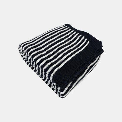 Striped Jersey Black & White Cotton Knitted Throw Blanket (50 in x 66 in)