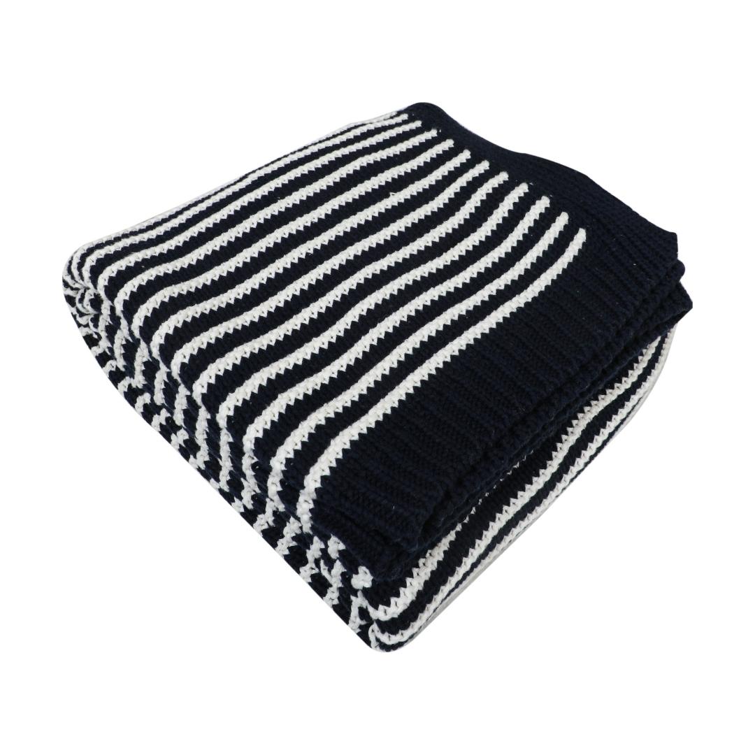 Striped Jersey Black & White Cotton Knitted Throw Blanket (50 in x 66 in)