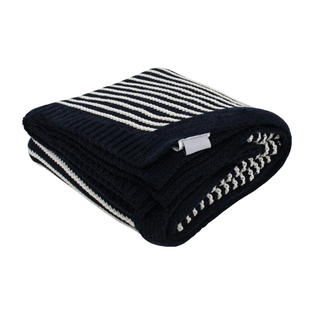 Striped Jersey Black & White Cotton Knitted Throw Blanket (50 in x 66 in)