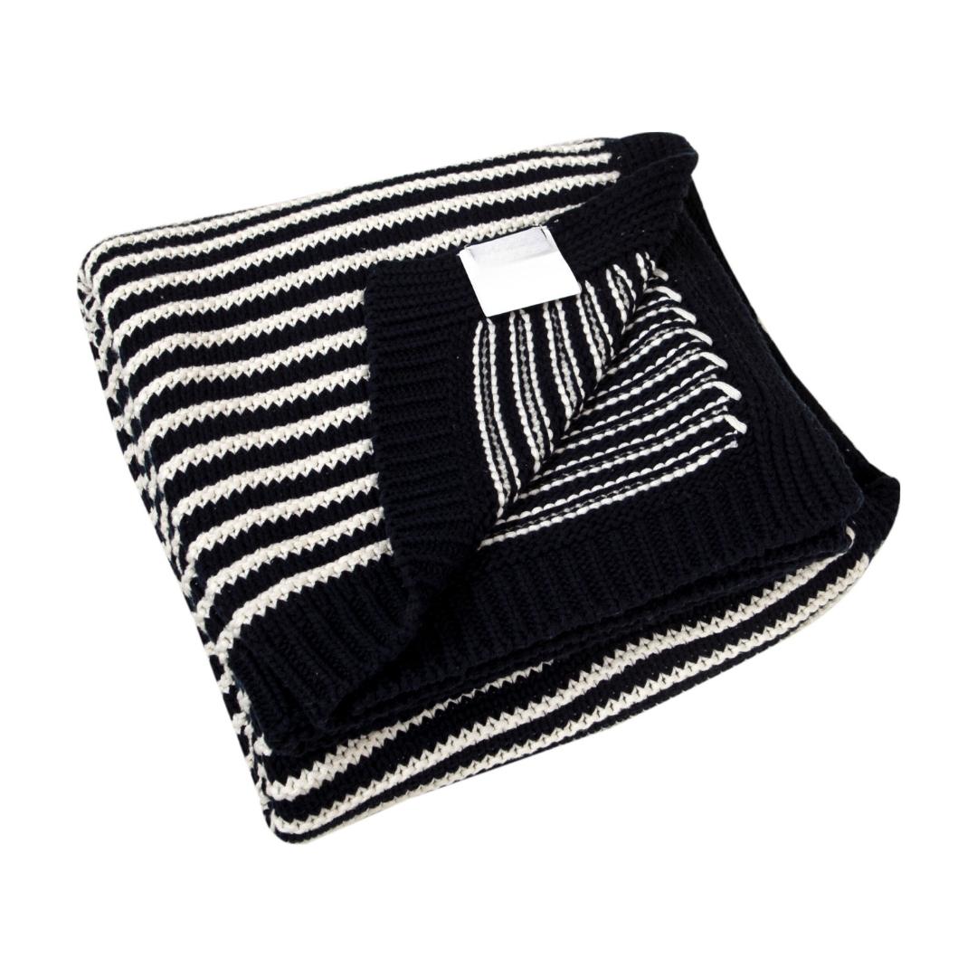 Striped Jersey Black & White Cotton Knitted Throw Blanket (50 in x 66 in)