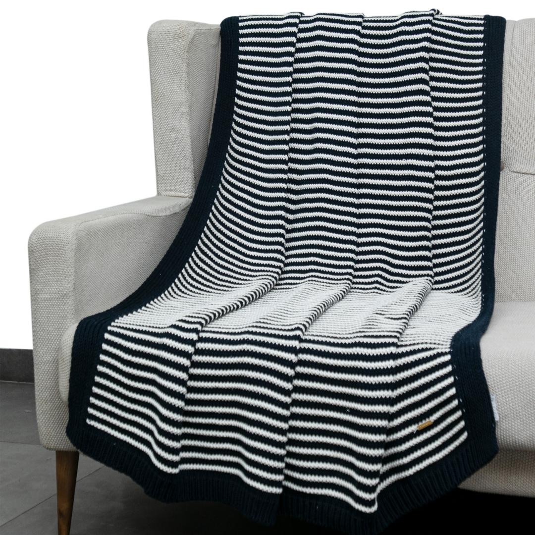 Striped Jersey Black & White Cotton Knitted Throw Blanket (50 in x 66 in)