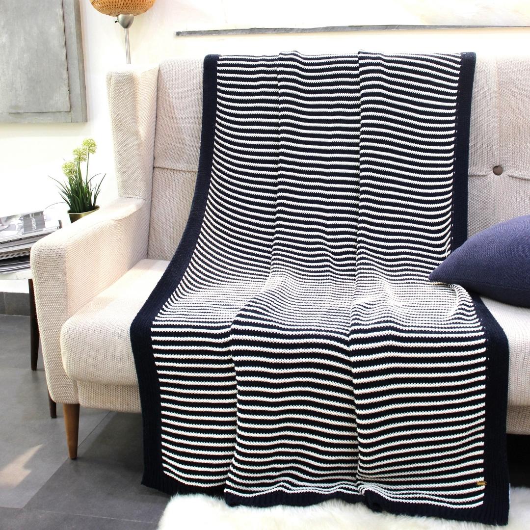 Striped Jersey Black & White Cotton Knitted Throw Blanket (50 in x 66 in)