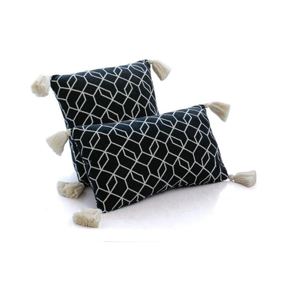 Trellis Black Base & Natural Cotton Knitted Decorative Cushion Cover (12 in x 20 in)